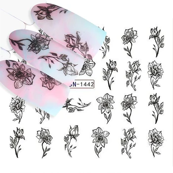 12tk/Komplekt Nail Art Dekoratiivsed Kleebised Musta Valge Lilled Vee Üleandmise Kleebis Kleebised Küünte Tarvikud