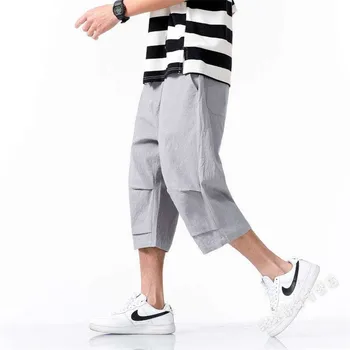 2020. aasta Suvel Mens Puuvillast Voodipesu Kärbitud Püksid Vasika-pikkus Haaremi Püksid Mees Hip-Hop Streetwear Püksid Pluss Suurus M-7XL 8XL