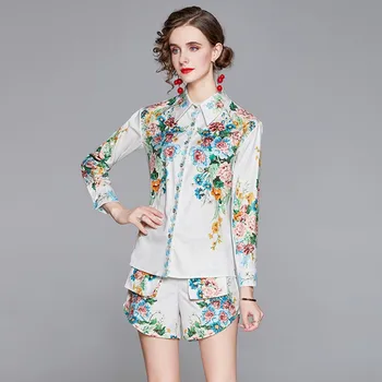 2020. aasta sügisel Flower Print lühikesed Püksid Komplekt Naiste Pikad Varrukad Prindi Pluusid + Tiivad Tasku Püksid Kaks Tükki Set Ülikond
