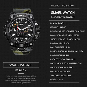 2021 SMAEL Kellad Meeste 50M Veekindel Kell, Äratus reloj hombre 1545D Dual Display Käekell Quartz Sõjalise Vaata Sport Uus