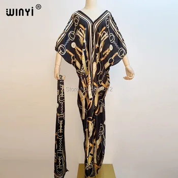 2021 WINYI Bohemian Kleit Naiste Põranda Pikkus Batwing Varruka V Krae Kuld Printida Kõrge Elastne Silk Elegantne Uus aasta Sügisel Tõusulaine