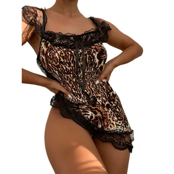 2021 Äsja Naiste Sooja Leopard Printida Seksikas Naistepesu Pits Seksikas Kuum Erootilise Sugu Kleit Vann Rüü Kleit Babydoll Nightwear Sleepwear