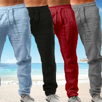 8 värvi nelja hooaja moe suundumus hingav ja mugav linane meeste vabaaja püksid stretch püksid talje meeste riided
