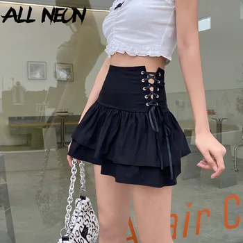 ALLNeon E-tüdruk Esteetika Lace Up Kõrge Vöökoht Ruffles Seelikud Mall Goth Y2K Segast Must Plisseeritud Seelik Suvel Põhjad Harajuku