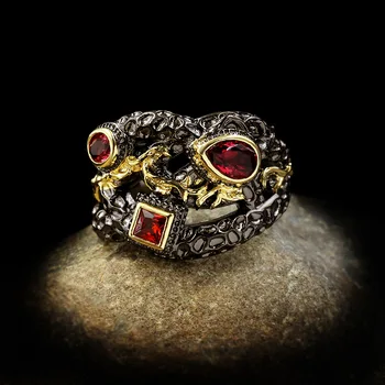CHARLINLIOL 925 Hõbe Rõngad Naiste Gooti Must Kuld Ruby Kivi, Antiik Must Kuld Pulmapidu Etnilise Ehted