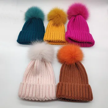 Chidren on Tõeline 15cm Fox Pesukaru Karusnahast Pom pom Silmkoelised Beanies Mütsid Talvel Lapsed Poisid Tüdrukud Vabaaja Skullies Mütsid Kapoti Homme