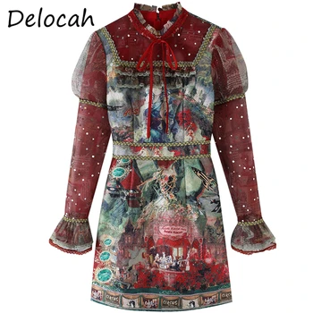 Delocah 2021 Suvel Uus Naiste Moe Disainer, Vintage-Line Kleit Põletatud Varrukad Pits Vibu Slim Daamid Lühikesed Kleidid Vestidos