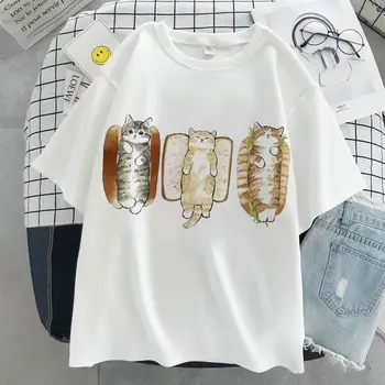 Kass Kawaii Graafiline Print T-särk Naistele, Tee Harajuku Esteetiline Valge Tops Vabaaja Tshirt 2021 Uus Suvi Vogue Y2k Naiste T-Särk