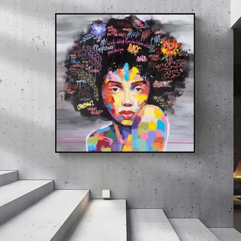 Kokkuvõte Aafrika Tüdruk Tähtedega Seina Art Lõuend Kaasaegne Pop Seinale Graffiti Art Maalid Must Naine Cuadros Pilt Home Decor