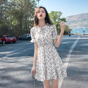 Korea Magus Naine Lilleline Kleit Sifonki Trükkimine Slim Kõrge Vöökoht Suvel Kleidid