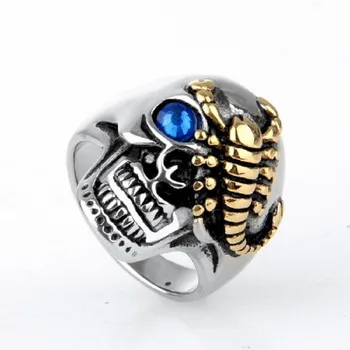 Meeste Sinine CZ silmad Kulla Skorpion Hõbedane värv Kolju Roostevabast Terasest Biker Sõrmus Suurus 7-15