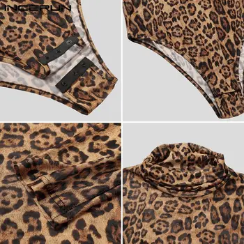 Mood Meeste Bodysuit kõrge kaelusega T-Särk Leopard Trükitud Hingav Seksikas Pikk Varrukas Sipukad Streetwear Bodysuits S-5XL INCERUN