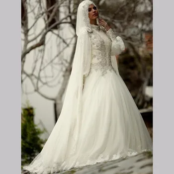 Moslemi Pulmas Kleit Hijab Kõrge Kaelus Pikk Varrukas Pits Applique Profileerimine Dubai araabia Pulm Kleit Pruut Kleit Rüü De Mariee