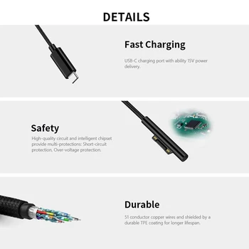 Nailonist Punutud USB-C laadimiskaabel (Surface Pro 6/5/4/3 Pind Sülearvuti 1,5 M 45W 15V PD toitekaabel