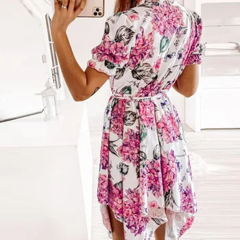 Naiste Kleit Seksikas V-Kaelus Nuppu Suvine Kleit Mood Retro Floral Print Ebaregulaarne Kleit Elegantne Lühike Varrukas Vöö Pits-Kleit Üles