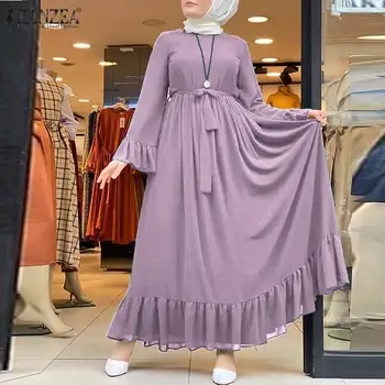 Naiste Moslemi Sundress ZANZEA Kevadel Elegantne Ruffle Kleit Naine Segast Maxi Vestidos Vabaaja Hijab Kleit Rüü