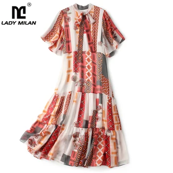 Naturaalne Siid Naiste Kleidid Pits Üles Vibu Krae, Lühikesed Varrukad Trükitud Astmeline Elegantne Mood Suvine Kleit