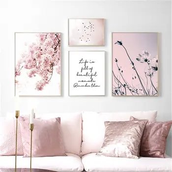 Nordic Maastikku, Plakatid Roosa Cherry Blossom Ja Lindude Prindi Seina Art Lõuend Maali Elutuba Decor Raamita