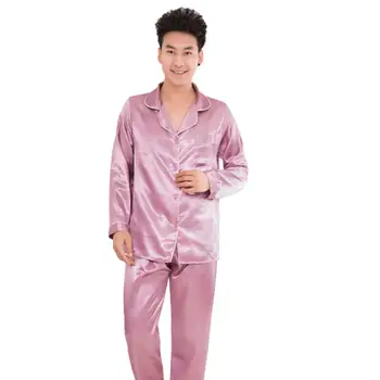 Pijamas Silk Satin Mehed Paks Solid Color Pikad Varrukad Pidžaama Komplekt Fashion Sleepwear Paar Sobiks Lounge Homewear Kodu Riided