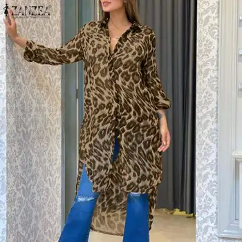 Pluss Suurus Naised on Trükitud Pluusid 2021 ZANZEA Stiilne Leopard Särgid, Vabaaja Pikad Varrukad Asümmeetriline Blusas Naine Rinnamikrofon Tuunika