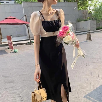 Prantsuse Vintage Midi Kleit Naiste Vabaaja Lühikesed Varrukad Disain Elegantne Seksikas Kleit Office Lady Kleit Korea 2021 Suve