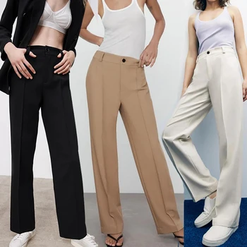 Püksid ZA2021 Uus Mood Lihtne Sirge Naiste Kõrge Vöökoht Püksid Casual Šikk Office Pantss Naiste Vabaaja Street Naiste Pantss
