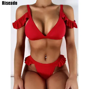 Riseado Seksikas Ruffle Bikiinid Push Up Naiste Ujumistrikoo-Punane Supelrõivad Rihm trikoo Kõrge Lõigatud Bikinis Thong 2021 Suvel Beachwear