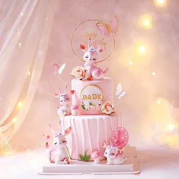 Roosa vaik Deer Forest Stiilis tehislilled Raud Akrüül Cake Toppers Happy Birthday Party Dekoratsioon Küpsetamine Suplies