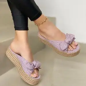 Sandalias de verano con tacones medios para Mujer, zapatos de cuña de talla grande, con lazos, chanclas