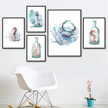 Seahorse Krabi Tuletorn Conch coral Seina Art Lõuend maali Nordic Plakatid Ja Pildid Seina Pildid elutuba Teenetemärgi