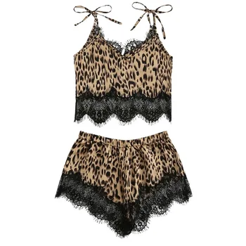 Seksikas Tüdrukud Armas Pits Leopard Printida Pidžaama Naiste Mood Pilduma Aluspesu Püksid Vabaaja pilduma Daamid Pajama Komplekti Suvel 2020