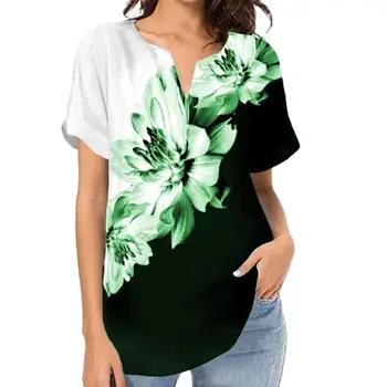 Sexy Loose V Neck Elegant Big Flower 3D Printing Women's T Shirt Summer Short Sleeve Fashion Street Harajuku Pullover Ladies Tee