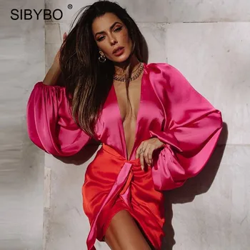 Sibybo Naised 2 Töö Suvel Komplekti 2021 Satiin V-kaelus Pikk Varrukas Keha Tops Ja Ruched Seelikud Set 2021 Femme Partywear Mini Varustus