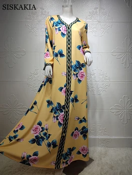 Siskakia Dubai Jalabiya Fashion Muslim Abaya Kleit Naistele Eid 2021 Maroko Kauhtana Türgi Araabia Omaan Islami Riietus Kollane