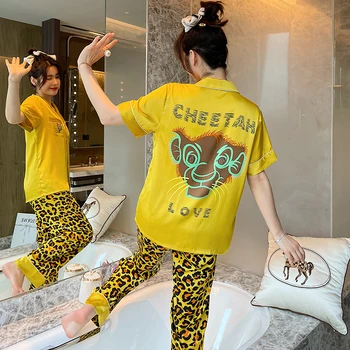Sleepwear Naiste Pajama Seab Uued Lühikese Suve Jää Õhuke Siid Seksikas Sleepwear Komplekt Leopard Tera Lühikeste Varrukatega Kodus Naiste Riideid