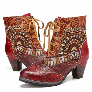 SOCOFY Retro Floral Pressitud Nahast Pleisse Tribal Muster Riie Hubane Kantavad Lühikesed Saapad Vabaaja Elegantne Naiste kingad
