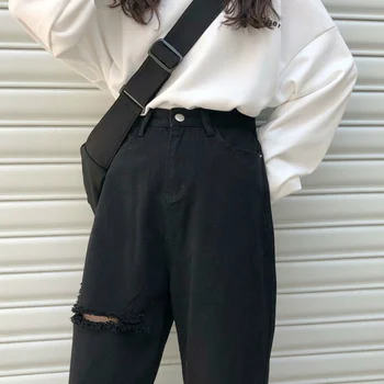 Streetwear Must Naiste Teksad Denim Auk Tõmblukk Nuppu, Taskud Lahti Pikad Vabaaja Püksid Korea Trendikas Retro Naiste Harajuku