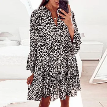 Sügisel Lahti Leopard Printida Mini Kleit 2021 Naiste Vabaaja Roosa V-kaeluse Ruffles Varruka peokleidid Naine Suvel Boho Beach Kleit