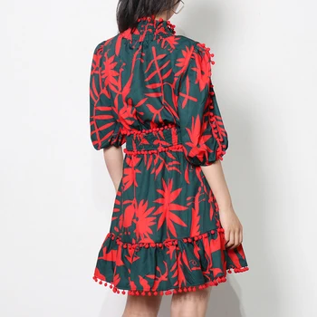 TWOTWINSTYLE Prindi Vintage Suvine Kleit Naistele Seista, Krae on Puhvis Varrukad Kõrge Vöökoht Mini Punane Naiste Kleidid Moe Uus Stiil