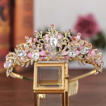 Uus roosa crystal crown Trendikas Käsitöö Profileerimine Kuld Pulm Printsess Taira Headpiece Kleit Juuksed Tarvikud Pruudi Ehted