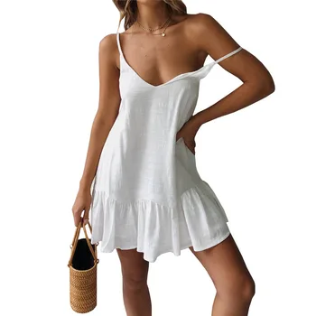 Valge Suve Kleit 2021 Naiste Sexy Tahked V-Kaeluse Ruffled Spagetid Rihm Mini Kleit Juhuslik Beach Lühike Kleit Vestidos Kollane