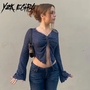 Y2K EGIRL Fairycore Y2K Streetwear V-kaeluse Põletatud Varrukaga T-särgid Vintage E-tüdruk Seksikas Nuppu, Kuni Pilu Crop Top Õõnes Välja Roheline Tee