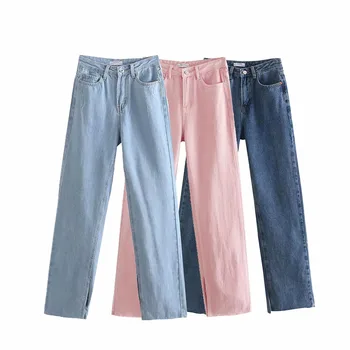 Za Naiste 2021 Stiilne Mood uus sinine kõrge sirge mopiga põranda püksid pilu, kõrge vöökoht slim-fit lahvatas teksad, Püksid Mujer
