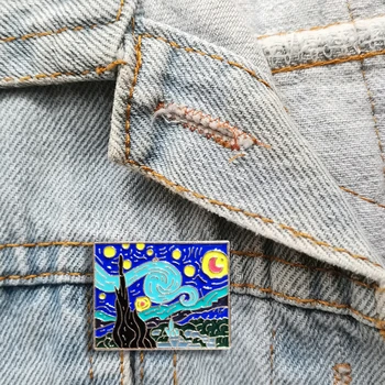 10tk/Palju Cartoon Kuldne Van Gogh õlimaal Tähine Sun Moon Emailiga Prossid Ehted Pääsme Soovi Pin-Naistele Omatehtud Kingitus