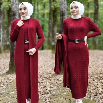 2 Tükki Naiste Komplektid Kootud Kleit + Pikk Kampsun, Moslemi Mood Solid Kahe Sobiks Türgi 2021 Uus Abayas Islami Riided Abaya