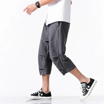 2020. aasta Suvel Mens Puuvillast Voodipesu Kärbitud Püksid Vasika-pikkus Haaremi Püksid Mees Hip-Hop Streetwear Püksid Pluss Suurus M-7XL 8XL