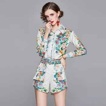 2020. aasta sügisel Flower Print lühikesed Püksid Komplekt Naiste Pikad Varrukad Prindi Pluusid + Tiivad Tasku Püksid Kaks Tükki Set Ülikond