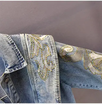 2021 Kevadel ja Sügisel Uus Naiste Streetwear Jope Teemant Helmed, Tikandid Lühike Teksariidest Jakk Lahti Jeans Mantel