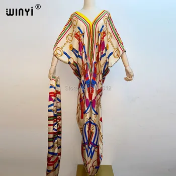 2021 WINYI Bohemian Kleit Naiste Põranda Pikkus Batwing Varruka V Krae Kuld Printida Kõrge Elastne Silk Elegantne Uus aasta Sügisel Tõusulaine