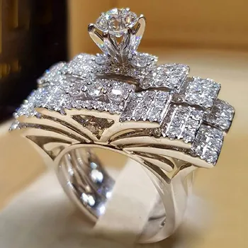 2tk Pruudi Komplekt Elegantne rõngad, Naised, Kiip, Värv Pulmad Engagement mood Ehteid Täis Läikiv Tsirkoon naiste sõrmus